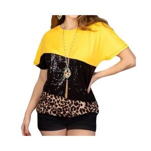 Sunshine & Rodeos yellow leopard & black sequin tee